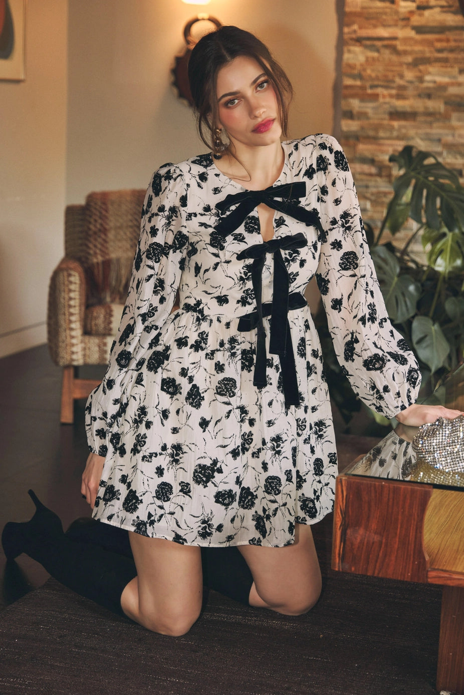Velvet Bow Floral Mini Dress