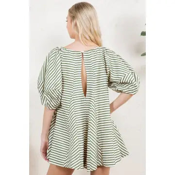 Beige/Green Striped Flowy Romper