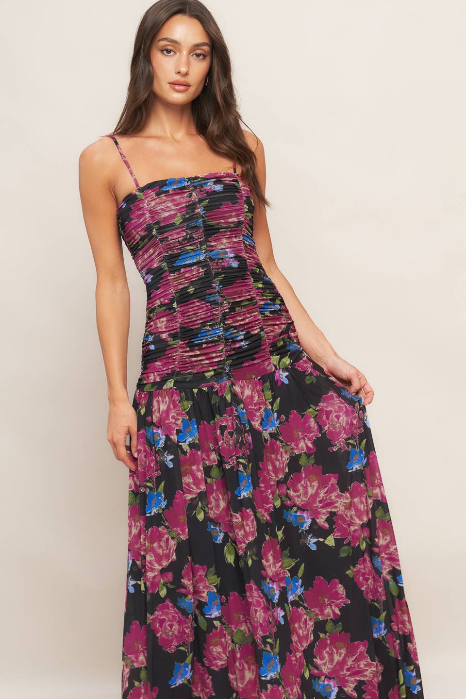 Printed Power Mesh Maxi Dress