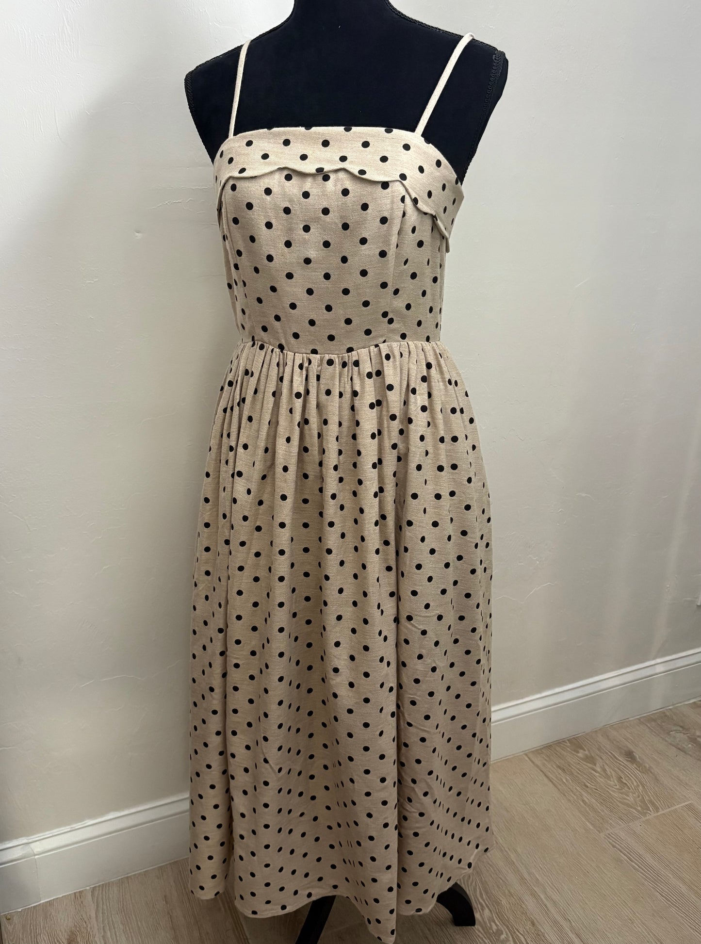 Taupe - Black Polka Dot Scallop Midi Dress