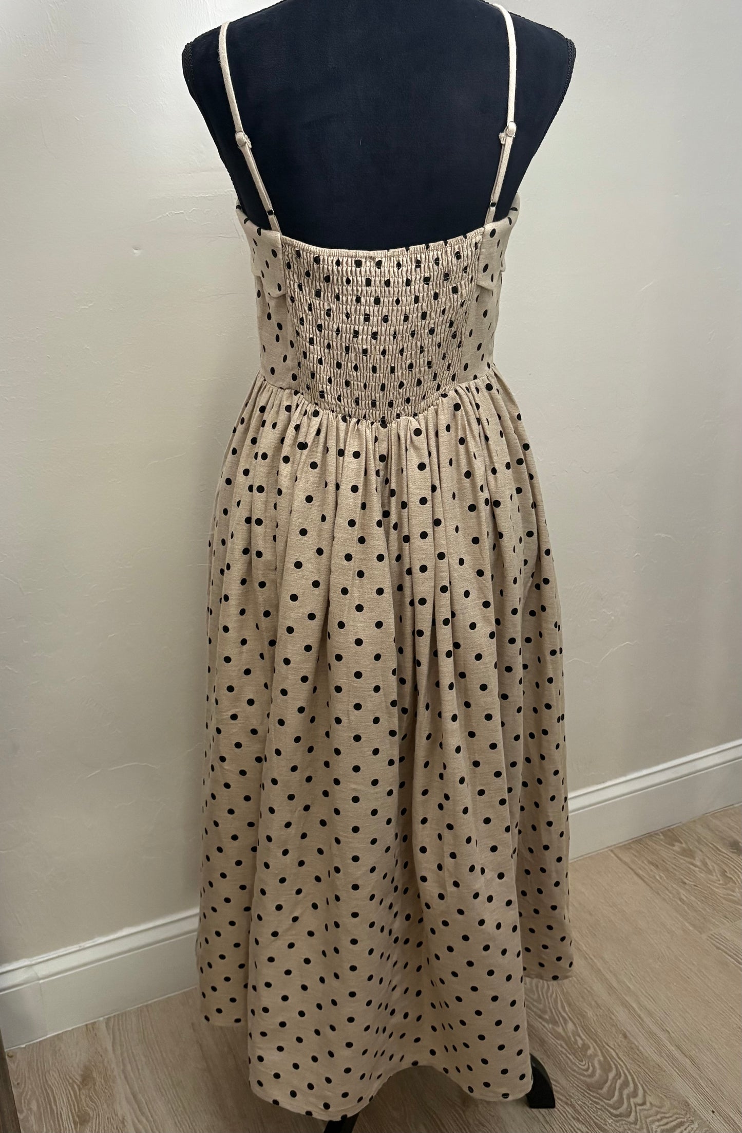 Taupe - Black Polka Dot Scallop Midi Dress