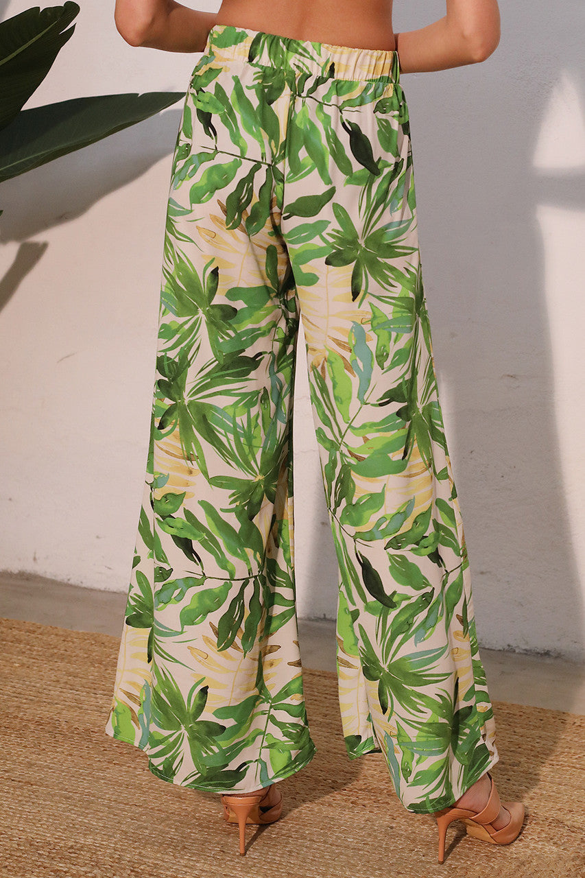 Leaf Tie Waist Wide Leg Pants