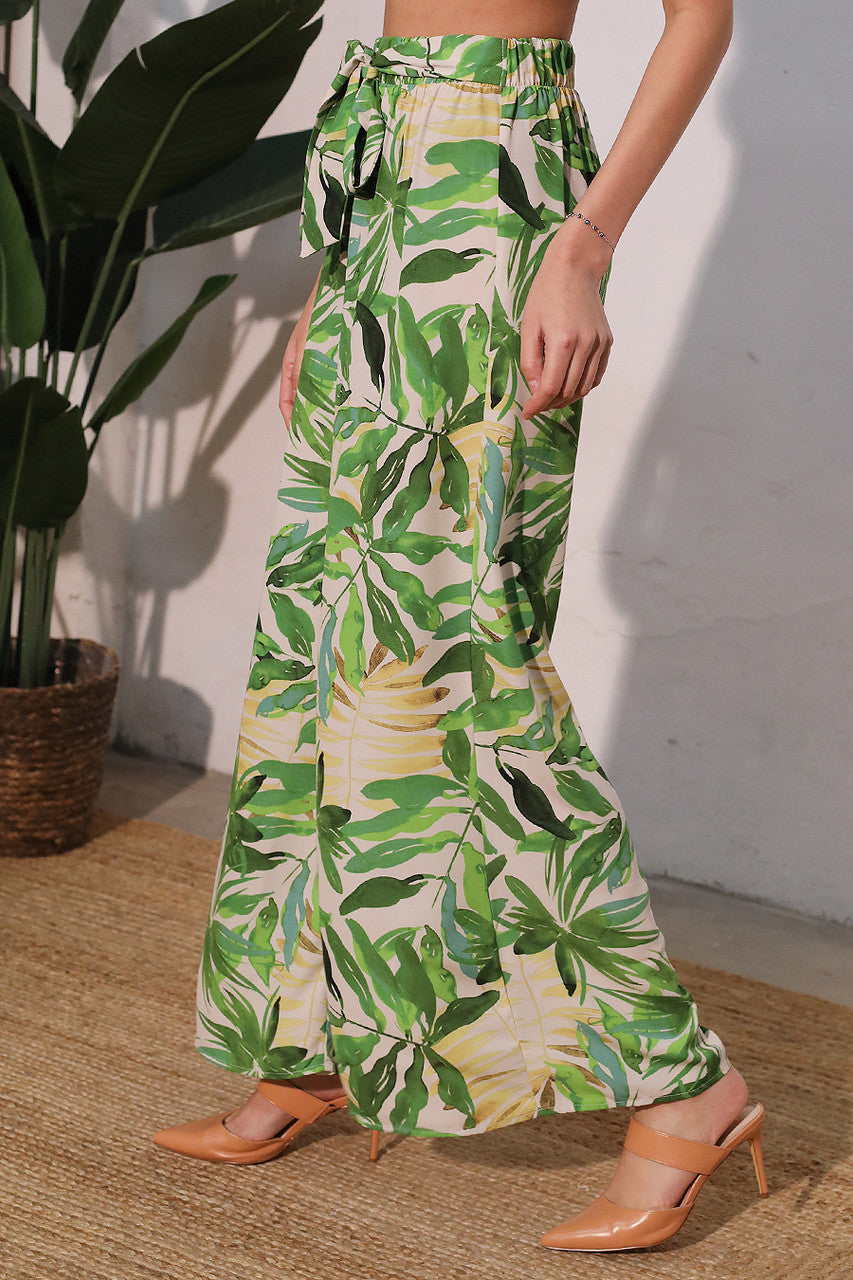 Leaf Tie Waist Wide Leg Pants