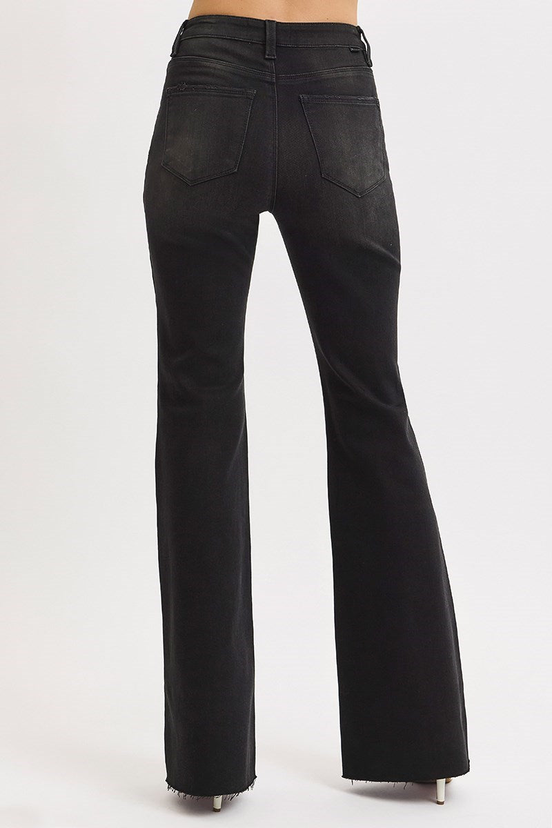 High Rise Flare Rough Cut Hem Jeans