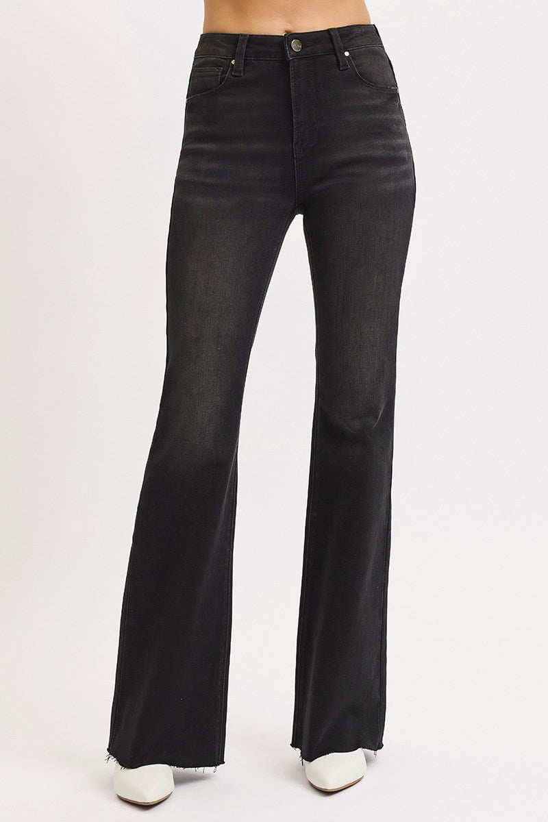 High Rise Flare Rough Cut Hem Jeans