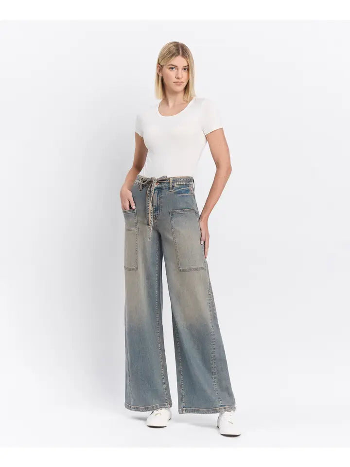 High Rise Drawstring Baggy Wide Jeans