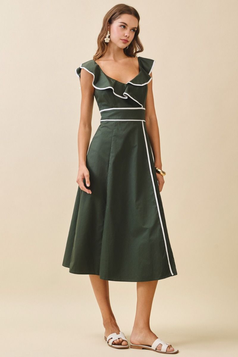 Ruffle Neck w Piping Midi Dress