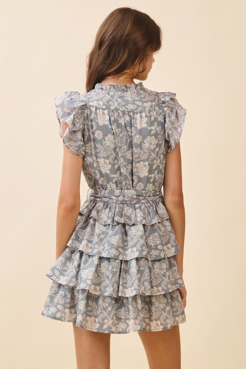 Floral Flutter Sleeve Tiered Mini Dress