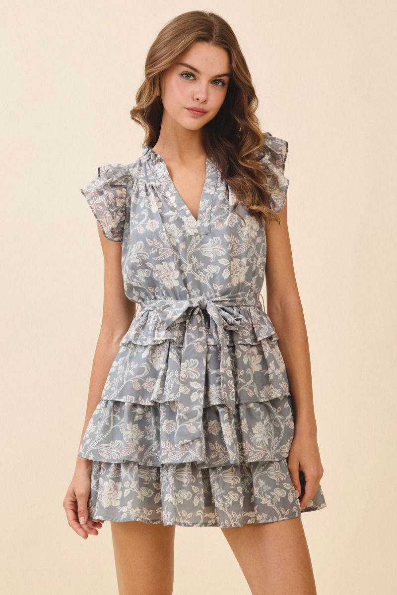 Floral Flutter Sleeve Tiered Mini Dress