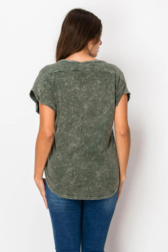 Mineral Wash Top with Print - Olive