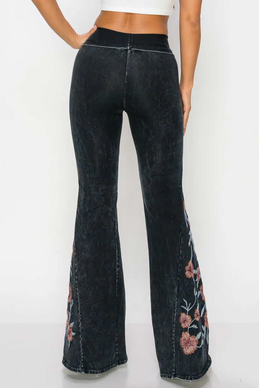Mineral Wash Floral Embroidery Flare Leg Yoga Pants