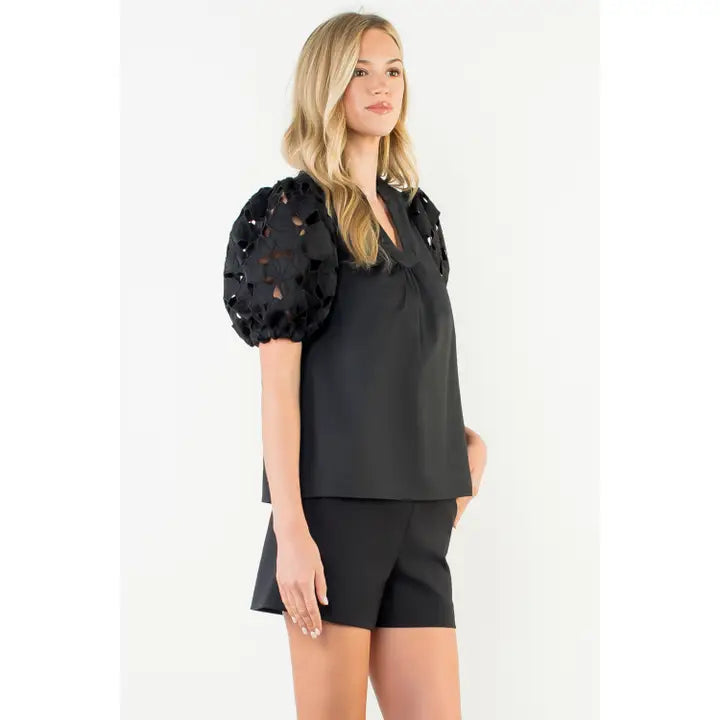 Eyelet Puff Sleeve V Neck Top