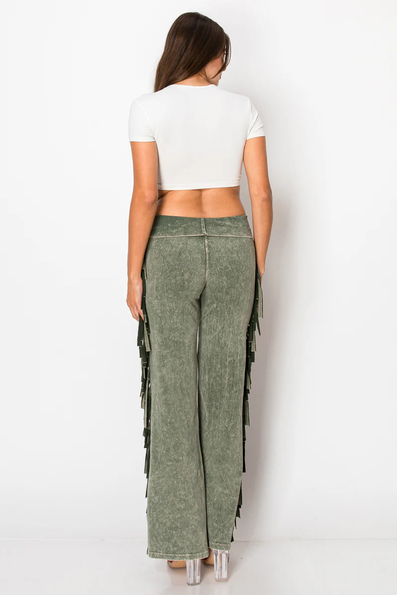 Mineral Wash Fringe Yoga Pants - Olive