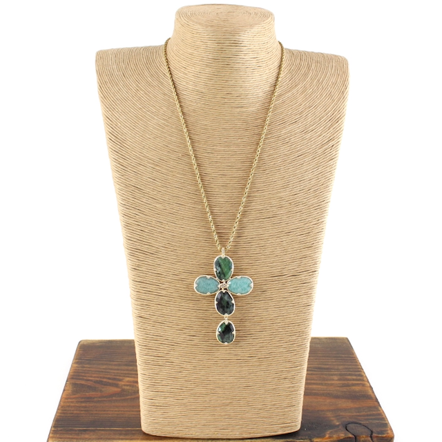 PP - Gold Necklace Long Stone Clover Drop