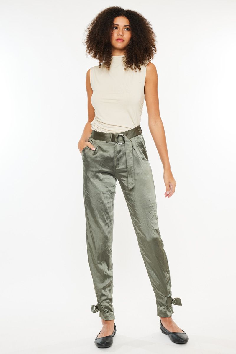 High Rise Belted Jogger Satin Pants