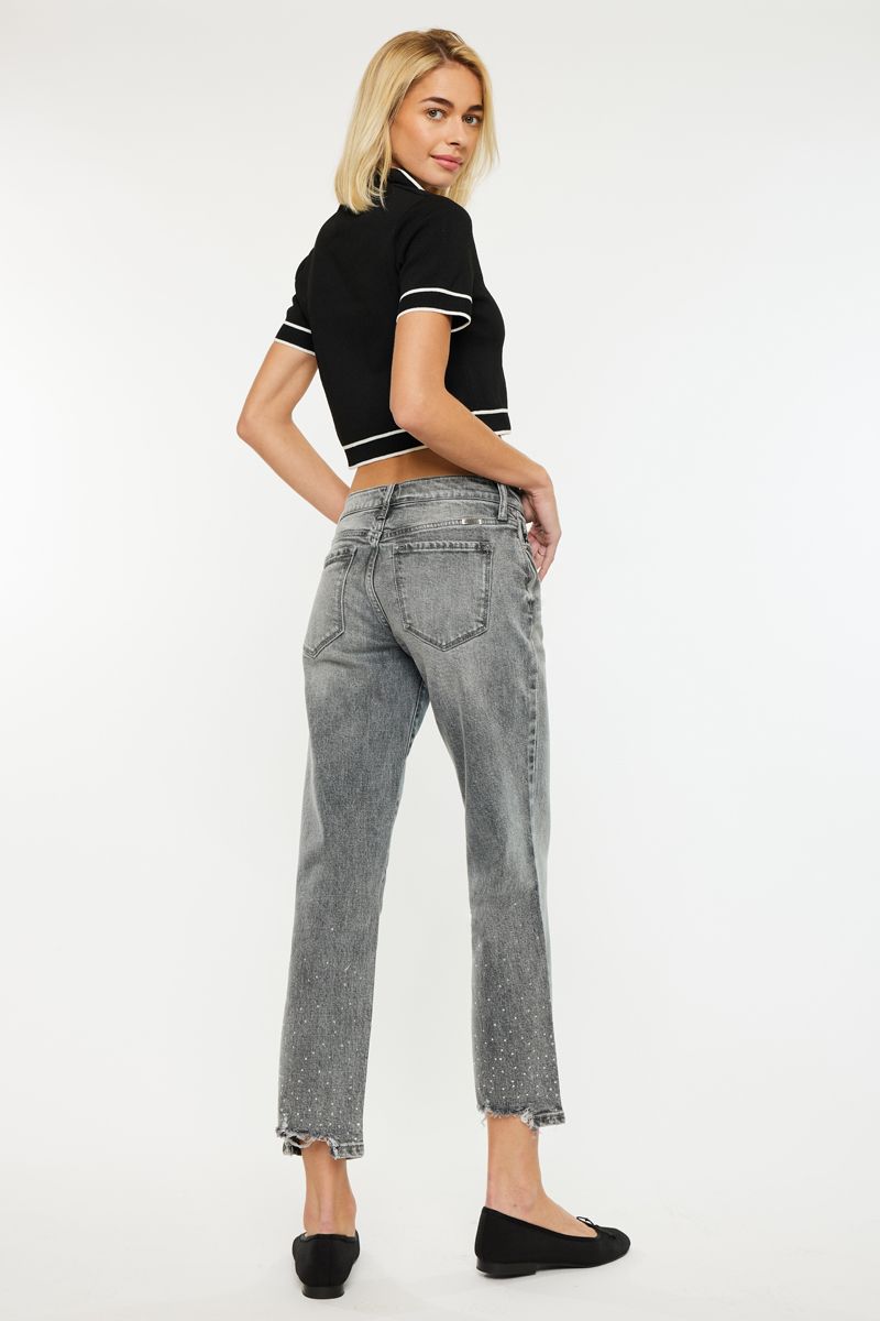 Mid Rise Cropped Sparkle Bottom Jeans