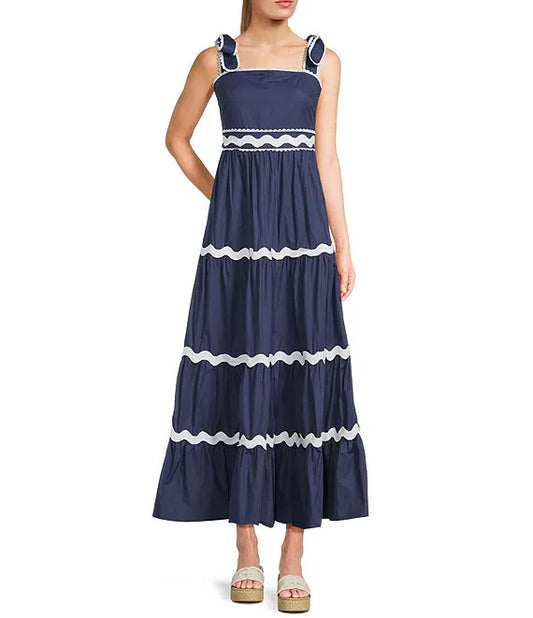 Navy Poplin Tiered Maxi Dress