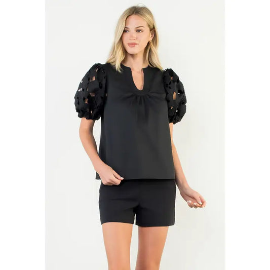 Eyelet Puff Sleeve V Neck Top