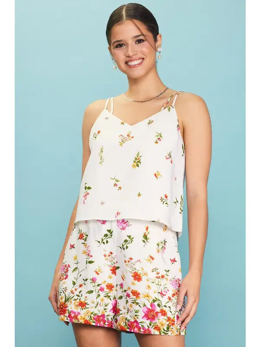 Floral Pleated Lined Linen Dress Shorts