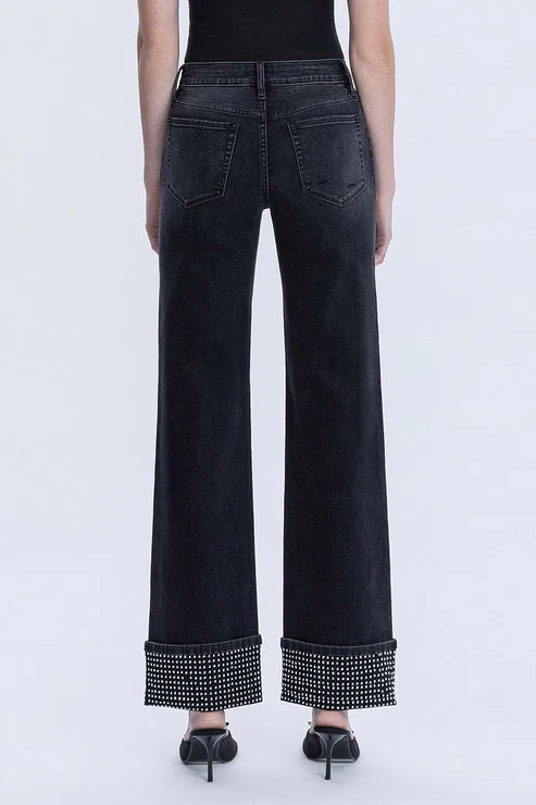 Mid Rise Studded Cuff Slim Wide Jeans