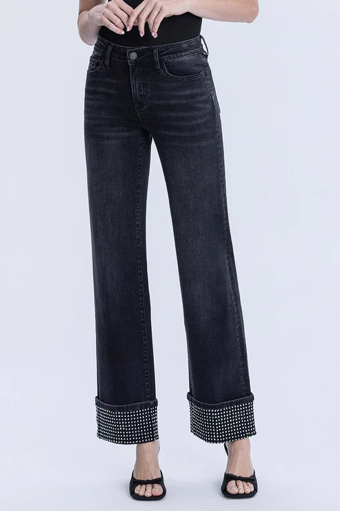 Mid Rise Studded Cuff Slim Wide Jeans