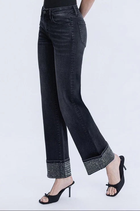 Mid Rise Studded Cuff Slim Wide Jeans