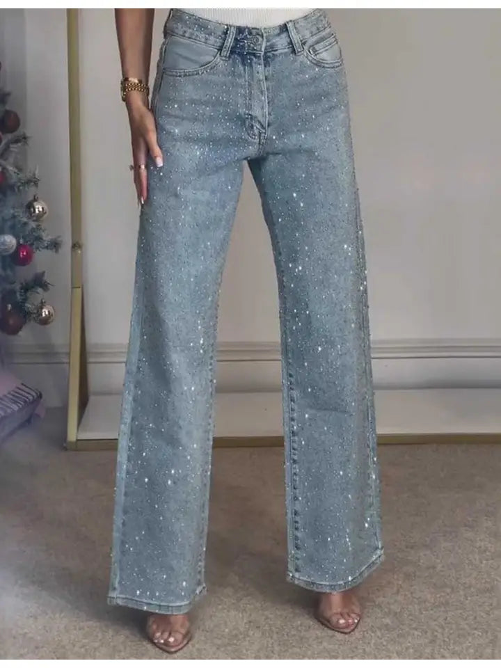 Rhinestone Button Pocket Straight Denim