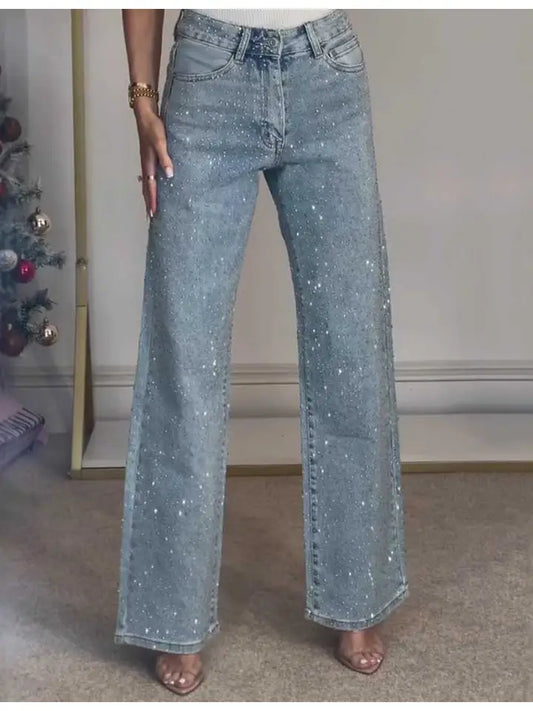 Rhinestone Button Pocket Straight Denim