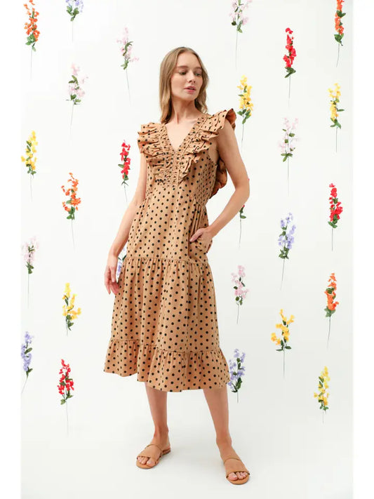 Brown Polka Dot Midi Dress