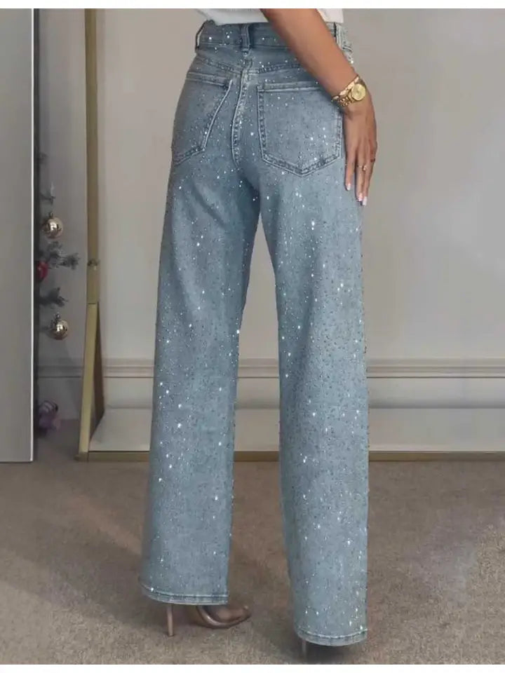 Rhinestone Button Pocket Straight Denim