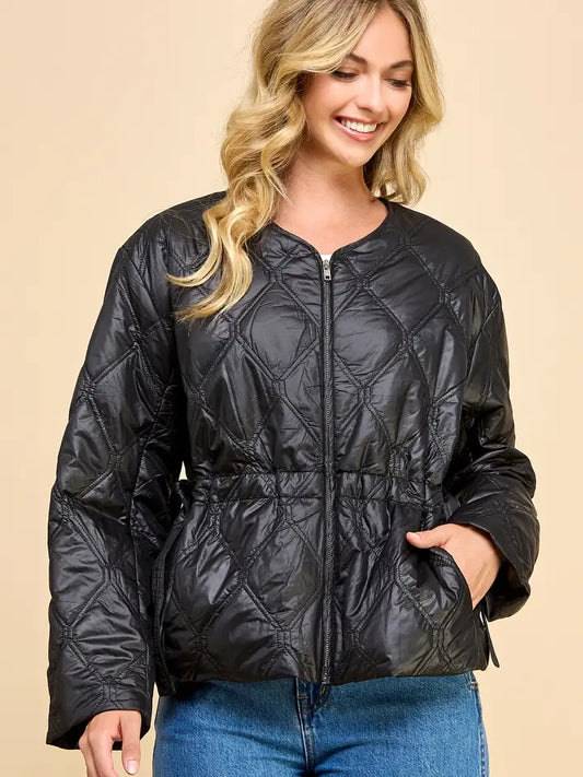 Black Light Weight Collarless Sinch Waist Jacket