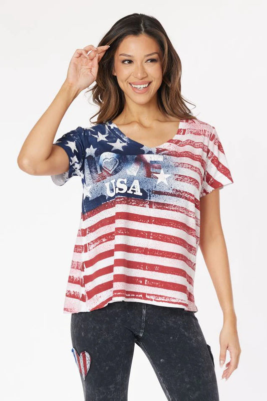 American Flag Print V - Neck T Shirt