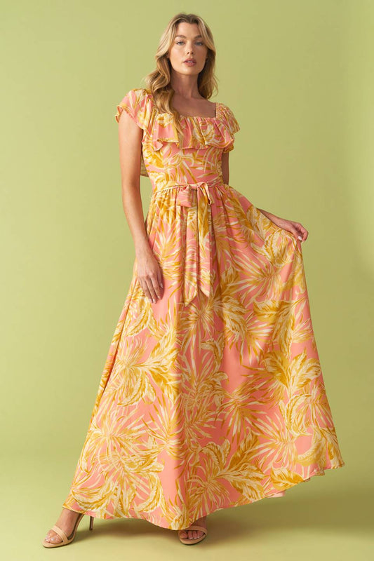 Square Ruffle Neckline Midi Dress