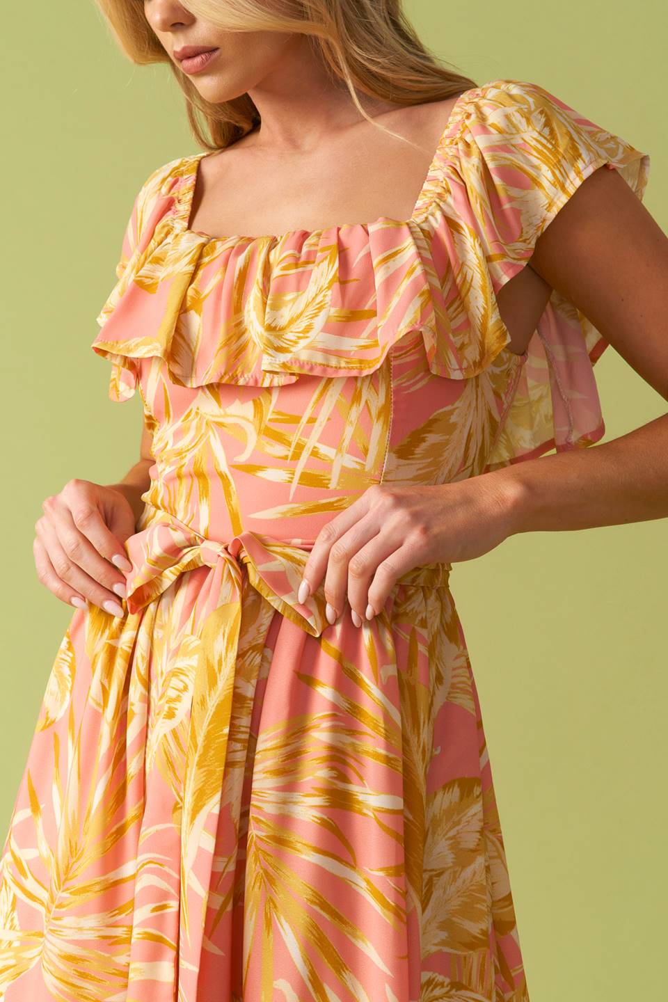 Square Ruffle Neckline Midi Dress