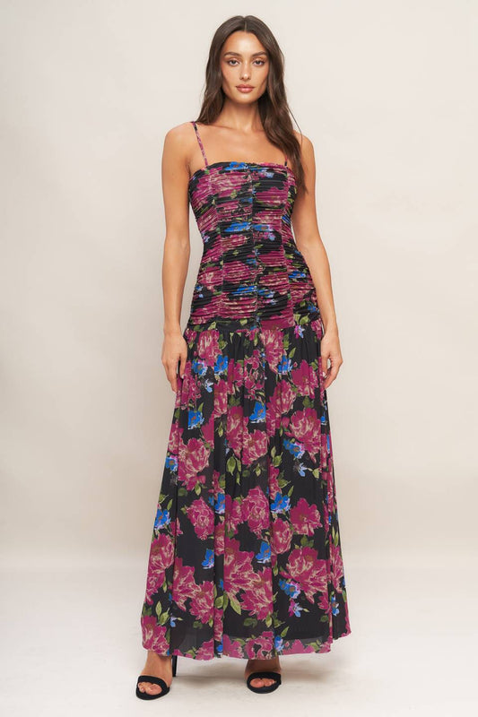 Printed Power Mesh Maxi Dress
