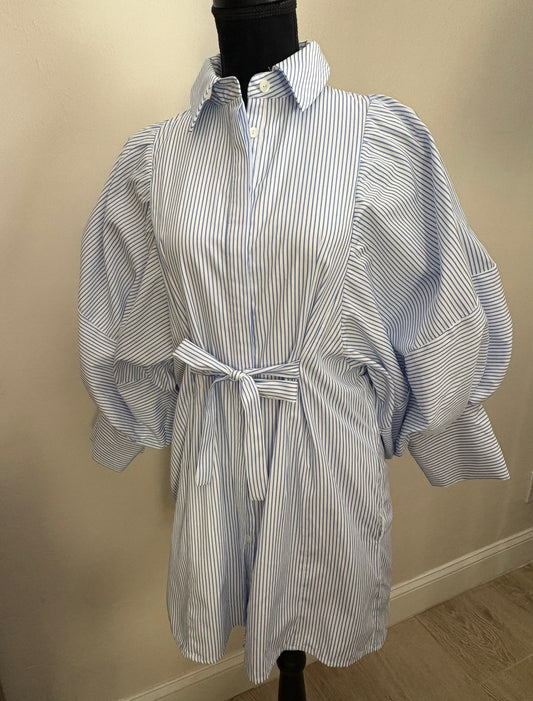 Blue Striped Bubble Sleeve Shirt Dress