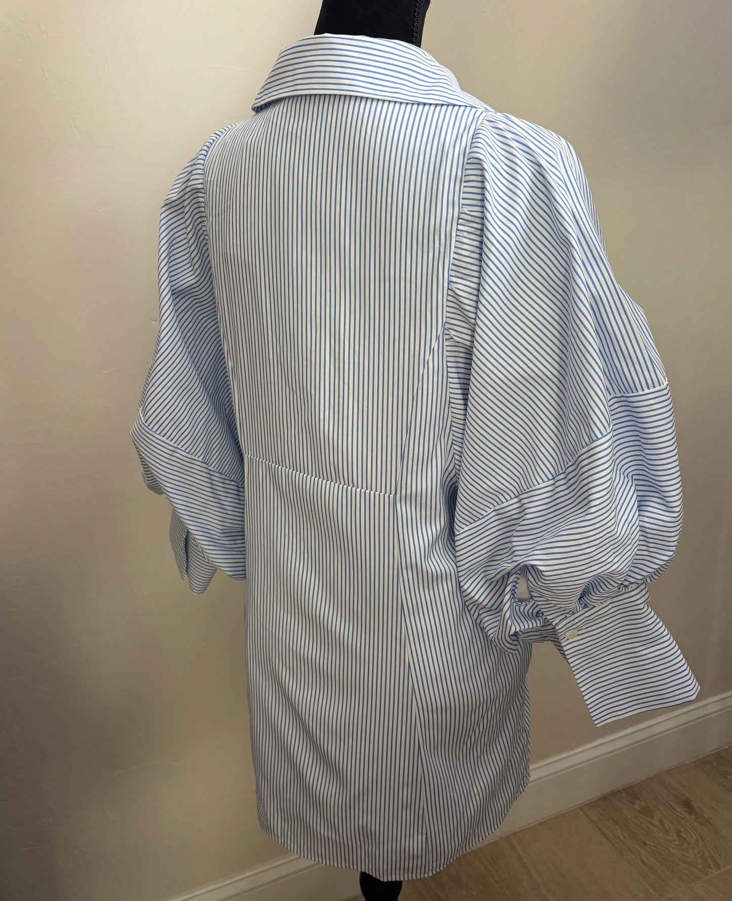 Blue Striped Bubble Sleeve Shirt Dress