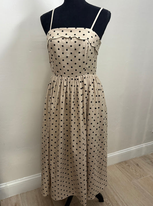 Taupe - Black Polka Dot Scallop Midi Dress