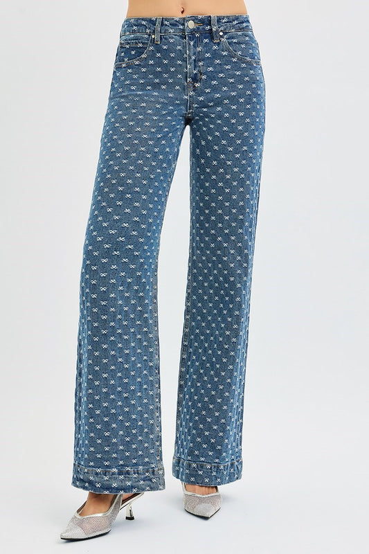 High Rise Wide Bow Embroidery Jeans