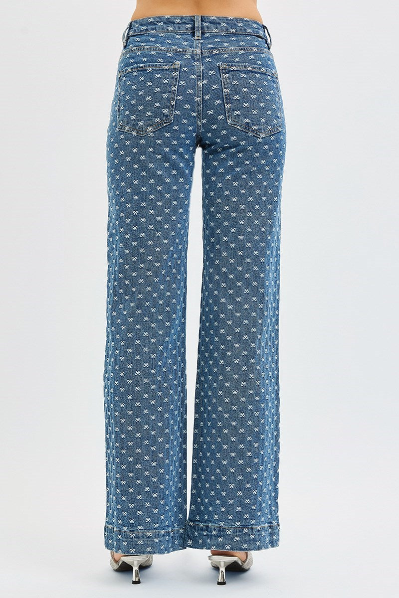 High Rise Wide Bow Embroidery Jeans