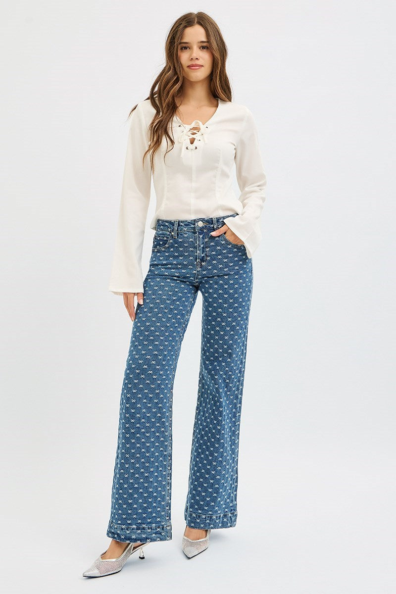 High Rise Wide Bow Embroidery Jeans