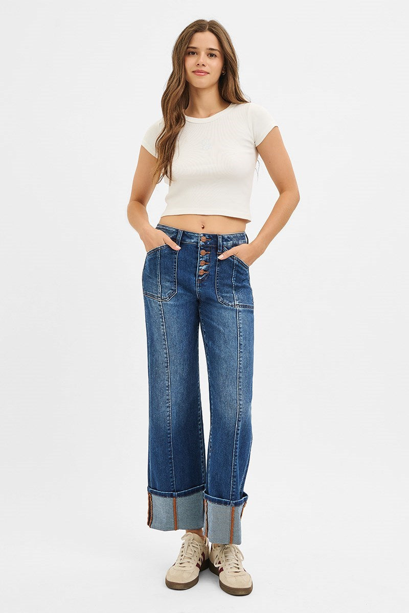 High Rise Crop Wide Cuff Jeans