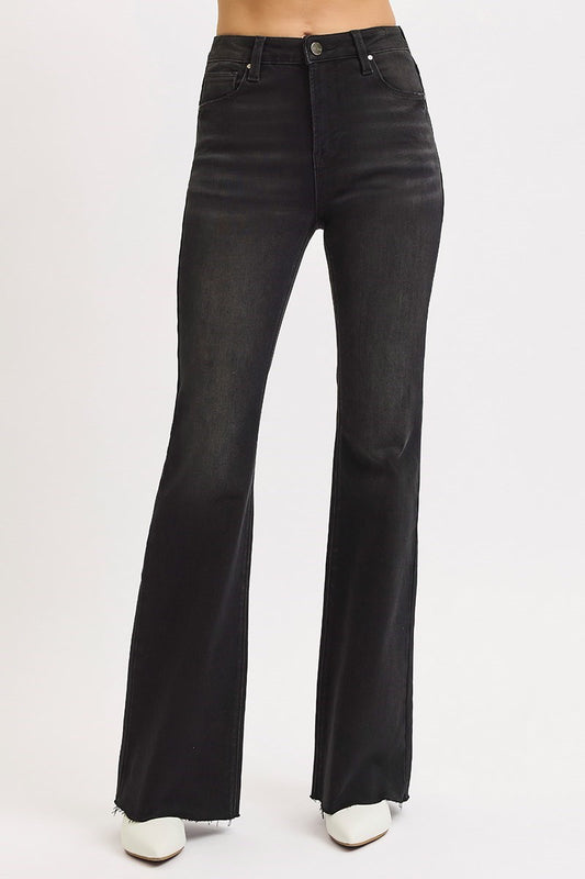 High Rise Flare Rough Cut Hem Jeans