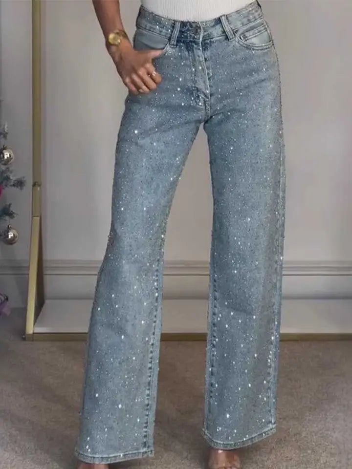 Rhinestone Button Pocket Straight Denim