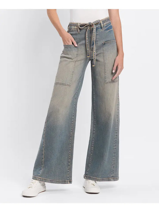 High Rise Drawstring Baggy Wide Jeans