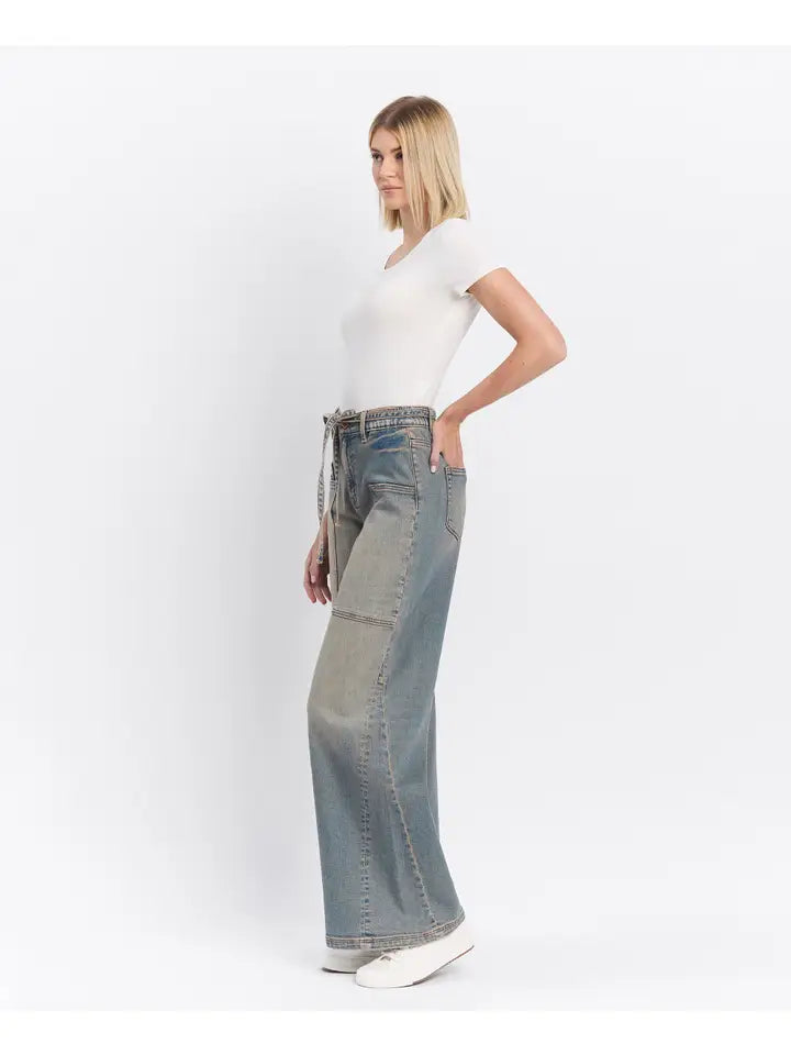 High Rise Drawstring Baggy Wide Jeans