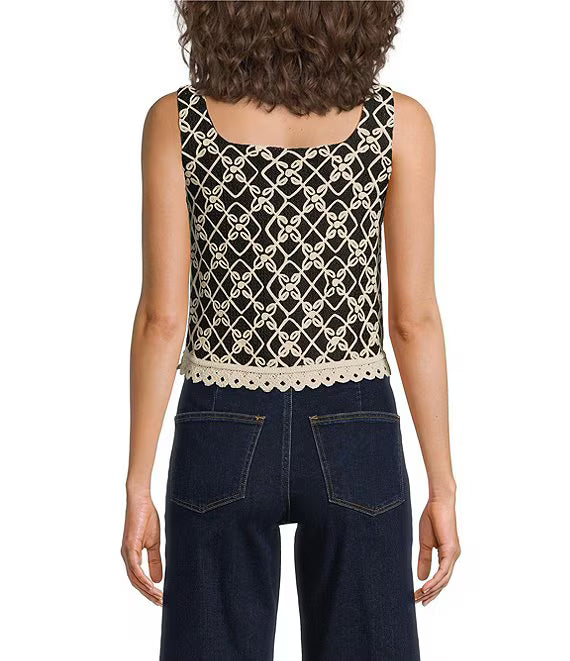 Embroidered Square Neck Crochet Tank