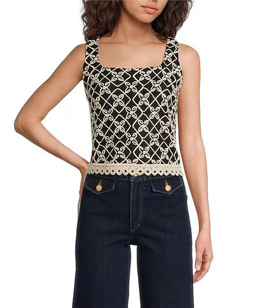 Embroidered Square Neck Crochet Tank