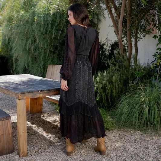 Boho Ruffle Maxi Dress with Sheer Sleeve