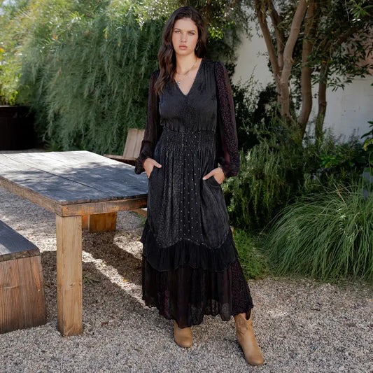 Boho Ruffle Maxi Dress with Sheer Sleeve